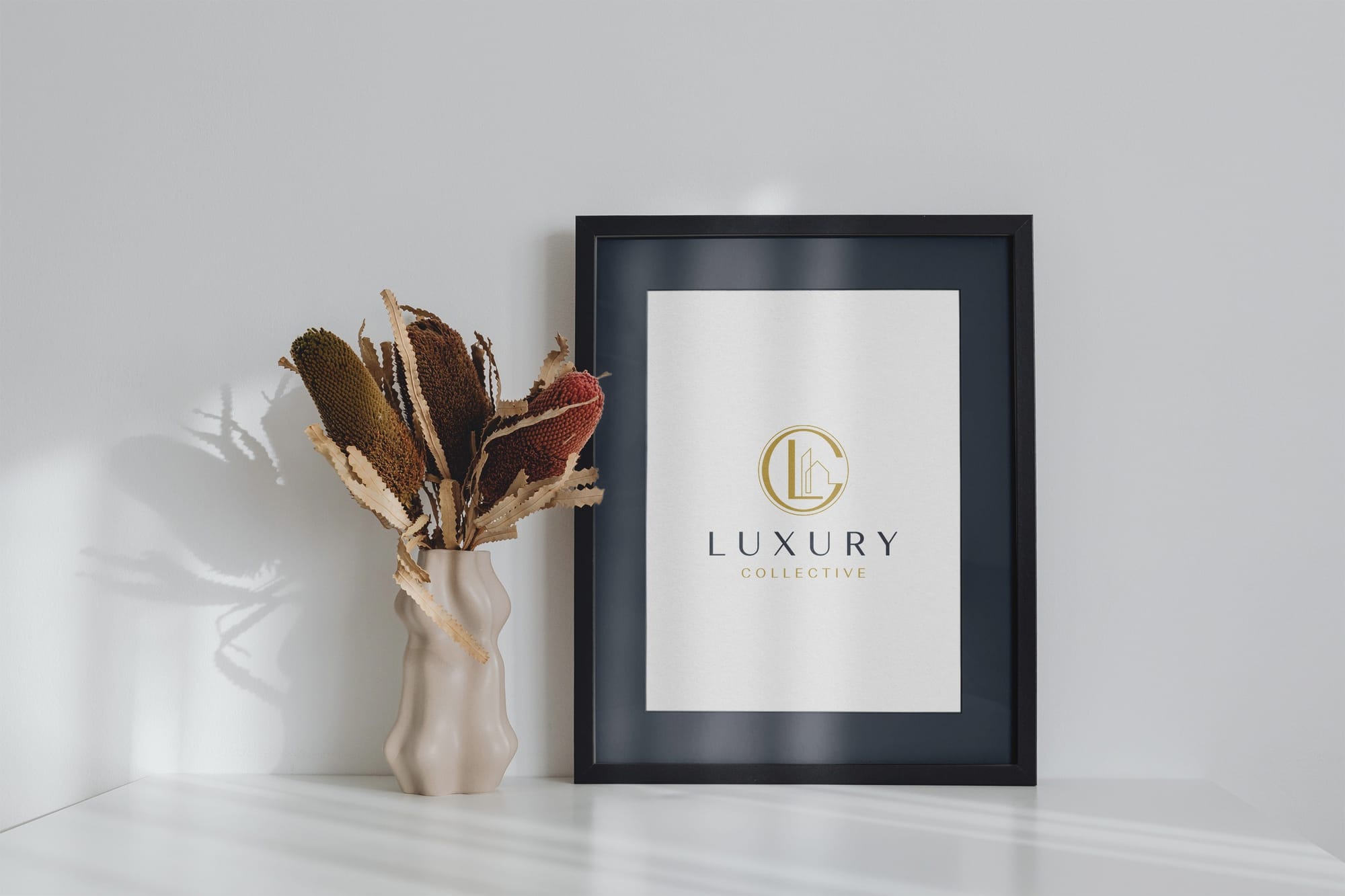 Luxury logo creative frame on desk PSD mockup